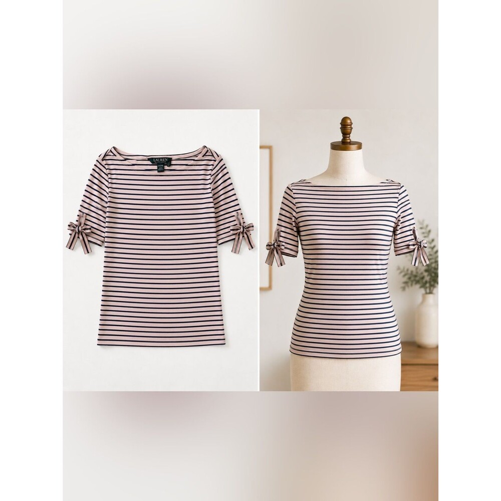 Lauren Ralph Lauren Pink and Navy Striped Bow-Sleeve